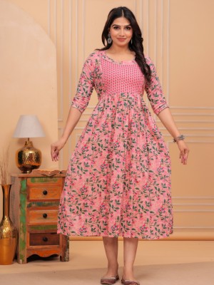 Baby Pink Floral Cotton Maternity Baby Feeding Gown Anarkali Kurti with Hidden Feeding Zip