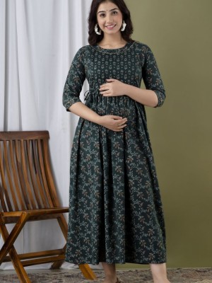 Green Floral Baby Feeding Gown Cotton Maternity Anarkali Kurti with Both Side Hidden Feeding Zip