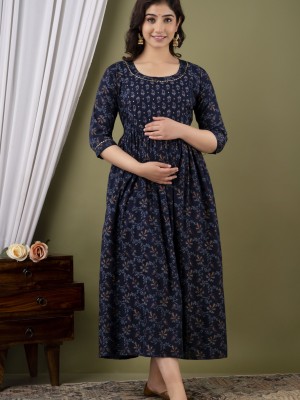 Navy Blue Floral Baby Feeding Gown Cotton Maternity Anarkali Kurti with Both Side Hidden Feeding Zip