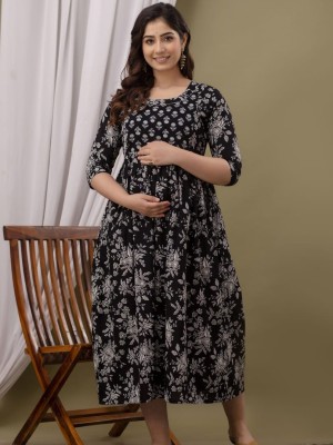 Black Floral Baby Feeding Gown Cotton Maternity Anarkali Kurti with Both Side Hidden Feeding Zip