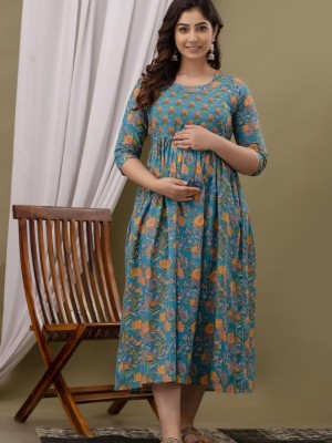 Blue Floral Baby Feeding Gown Cotton Maternity Anarkali Kurti with Both Side Hidden Feeding Zip