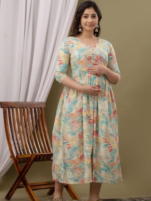 Multi Color Floral Baby Feeding Gown Cotton Maternity Anarkali Kurti with Both Side Hidden Feeding Zip