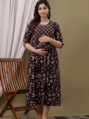 Black Floral Baby Feeding Gown Cotton Maternity Anarkali Kurti with Both Side Hidden Feeding Zip