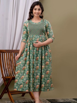 Green Floral Baby Feeding Gown Cotton Maternity Anarkali Kurti with Both Side Hidden Feeding Zip