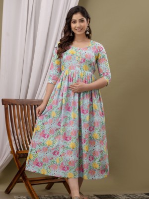 Multi Color Floral Baby Feeding Gown Cotton Maternity Anarkali Kurti with Both Side Hidden Feeding Zip