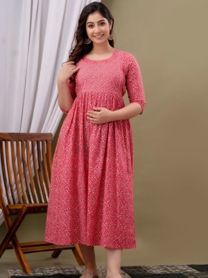 Pink Floral Cotton Maternity Baby Feeding Gown Anarkali Kurti with Hidden Feeding Zip