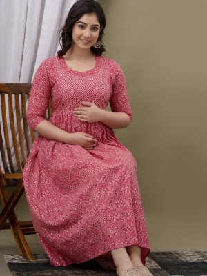 Pink Floral Cotton Maternity Baby Feeding Gown Anarkali Kurti with Hidden Feeding Zip