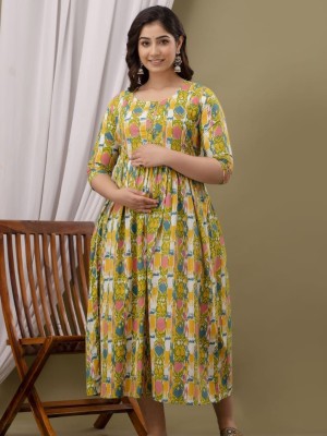 Yellow Cotton Maternity Baby Feeding Gown Anarkali Kurti with Hidden Feeding Zip