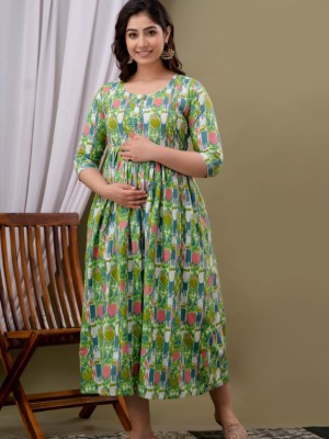 Green Cotton Maternity Baby Feeding Gown Anarkali Kurti with Hidden Feeding Zip