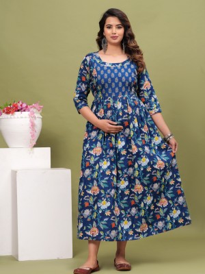 Blue Cotton Maternity Baby Feeding Gown Anarkali Kurti with Hidden Feeding Zip