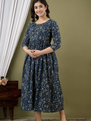 Navy Blue Floral Baby Feeding Gown Cotton Maternity Anarkali Kurti with Both Side Hidden Feeding Zip