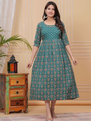 Green Floral Baby Feeding Gown Cotton Maternity Anarkali Kurti with Both Side Hidden Feeding Zip