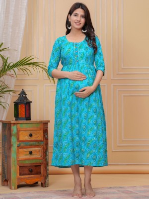 Blue Cotton Maternity Baby Feeding Gown Anarkali Kurti with Hidden Feeding Zip