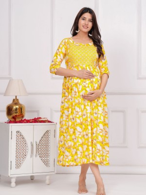 Yellow Cotton Maternity Baby Feeding Gown Anarkali Kurti with Hidden Feeding Zip