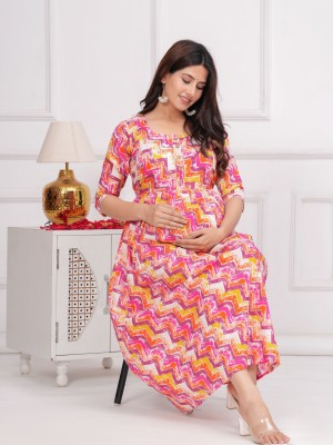 Pink Zigzag Cotton Maternity Baby Feeding Gown Anarkali Kurti with Hidden Feeding Zip