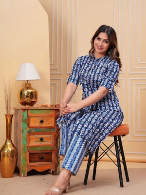 Indigo Blue Printed Indian Cotton Salwar Kameez A-line Kurti Pant Co Ord Set Online for Women