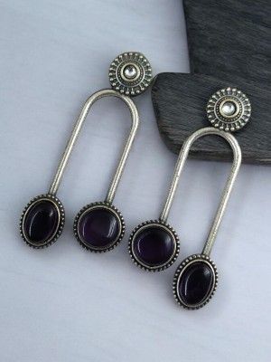 Ethnic Monalisa Stone Silver Oxidised Brass Drop Stud Earring Jewelry for Women