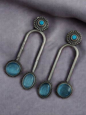 Ethnic Monalisa Stone Silver Oxidised Brass Drop Stud Earring Jewelry for Women