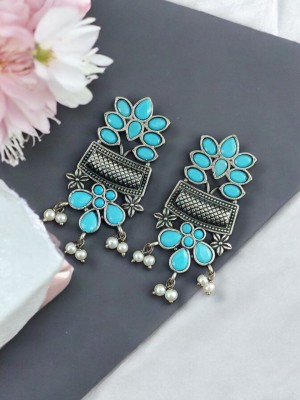 Elegant Designer Dangler Silver Oxidised Stud Earrings Pearls Drop Gypsy Jewelry for Girls