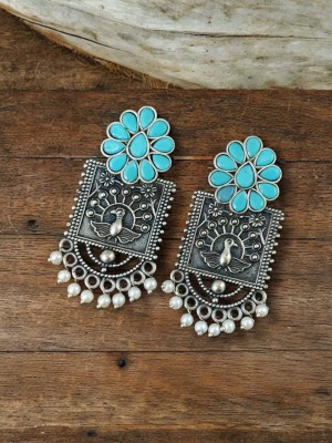 Rustic Indian Bohochic Peacock Dangler Silver Oxidised Stud Earrings Jewelry for Women