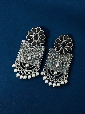 Rustic Indian Bohochic Peacock Dangler Silver Oxidised Stud Earrings Jewelry for Women