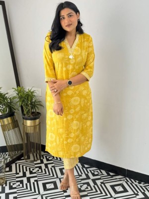 Yellow Floral Indian Traditional V-Neck Straight Salwar Kameez Kurti Pant Set for Women