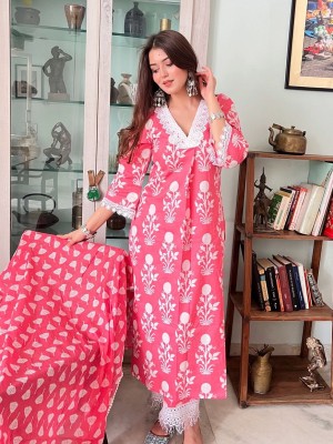 Pink Cotton Floral Printed Straight Kurti Pant Dupatta Indian Salwar Kameez Dress