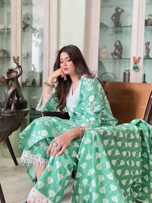 Green Cotton Floral Printed Straight Kurti Pant Dupatta Indian Salwar Kameez Dress