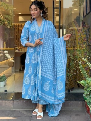 Noor Blue Cotton Floral Printed V-Neck Kurti Pant Dupatta Indian Salwar Kameez Dress