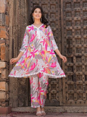 Misha Pink Kurti Pant Set Floral Cotton Co Ord Set Salwar Kameez for Women