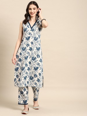 Blue White Sleeveless V Neck Floral Print Kurti Pant Set Indian Cotton Salwar Kameez Set Summer Dress