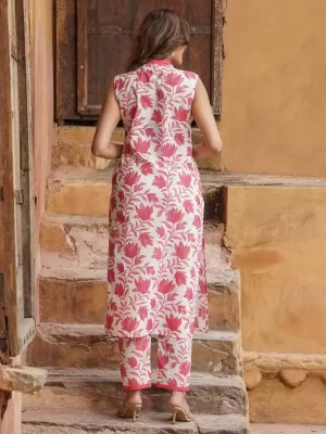 Pink White Sleeveless V Neck Floral Print Kurti Pant Set Indian Cotton Salwar Kameez Set Summer Dress