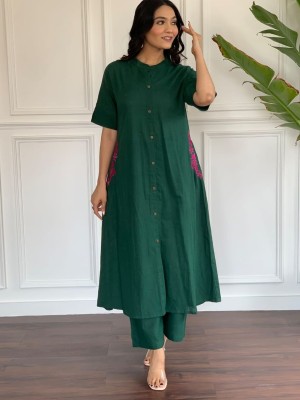 Bottle Green Slub Cotton Aline Kurti Pant Co Ord Set Indian Embroidered Pakistani Salwar Kameez with Pockets