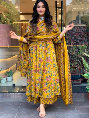 Saara Yellow Anarkali Frock Style V-Neck Indian Pakistani Salwar Kameez Kurti Pant Dupatta Set