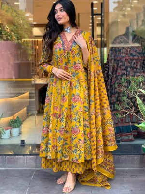 Saara Yellow Anarkali Frock Style V-Neck Indian Pakistani Salwar Kameez Kurti Pant Dupatta Set