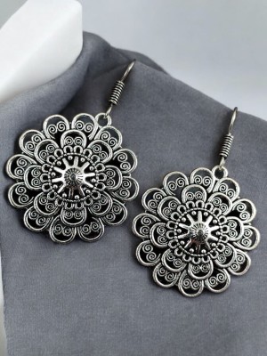 Round Mandala Bohochic Dangler Silver Oxidized Hook Earrings Jewelry for Girls