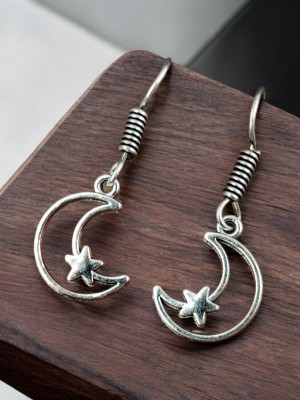 Boho Pakistani Moon & Star Dangler German Silver Plated Drop Hook Earrings Jewelry for Girls