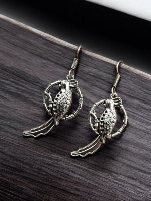 Unique Bird Cockatoo Parrot on Hanging Swing Ring Earrings Silver Drop Dangler Boho Jewelry