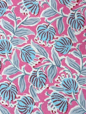 Pink Sky Blue Floral Print Indian Printed Running Soft Cotton Fabric by Meter Dressmaking Quilting Sewing Material