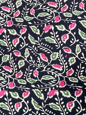 Black Indian Hand Block Floral Printed Running Soft Cotton Fabric by Meter Dressmaking Quilting Sewing Material