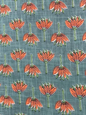 Grey Indian Hand Block Flower Printed Running Soft Fabric by Meter Cotton Dressmaking Quilting Sewing Craft Fabric Material