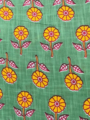 Green Indian Hand Block Flower Printed Running Soft Fabric by Meter Cotton Dressmaking Quilting Sewing Craft Fabric Material