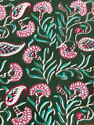 Green Indian Hand Block Floral Printed Running Fabric 100% Cotton Craft Dressmaking Quilting Fabric Material