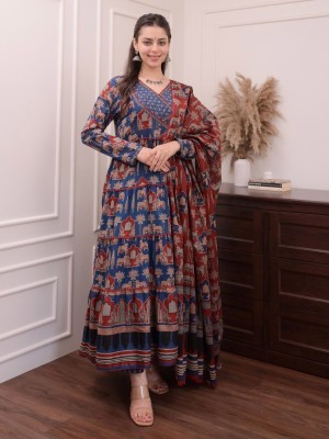 Blue Kaamdhenu Women Flared Angrakha Frock Style Anarkali Kurta Kurti Pant Dupatta Set Dress Cow Printed Gown