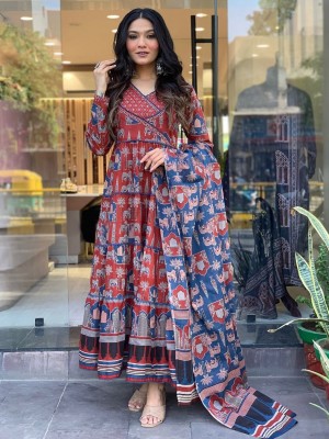 Red Kaamdhenu Women Flared Angrakha Frock Style Anarkali Kurta Kurti Pant Dupatta Set Dress Cow Printed Gown