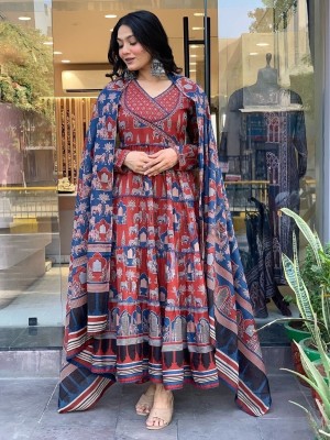 Red Kaamdhenu Women Flared Angrakha Frock Style Anarkali Kurta Kurti Pant Dupatta Set Dress Cow Printed Gown