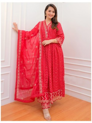 Red Nayra Cut Style Rayon Kurti Pant Dupatta Set Indian Embroidered Salwar Kameez Suit