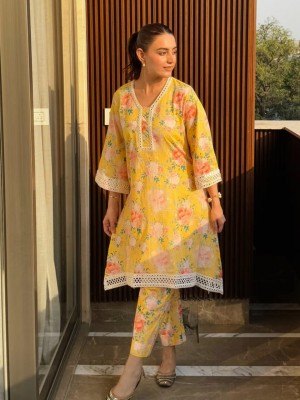 Yukti Yellow Kurti Pant Set Floral Print Embroidered Lace Work Muslin Co Ord Set Salwar Kameez for Women