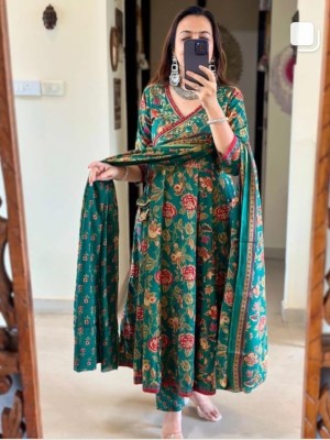 Green Women Floral Angrakha Frock Style Anarkali Kurta Kurti Pant Dupatta Set Gown Dress