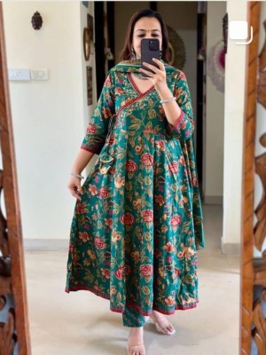 Green Women Floral Angrakha Frock Style Anarkali Kurta Kurti Pant Dupatta Set Gown Dress